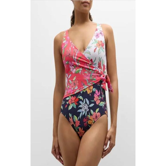 TOMMY BAHAMA Summer One-Piece Swimsuit Small Red Black Floral Wrap-Front NWT - Picture 2 of 12